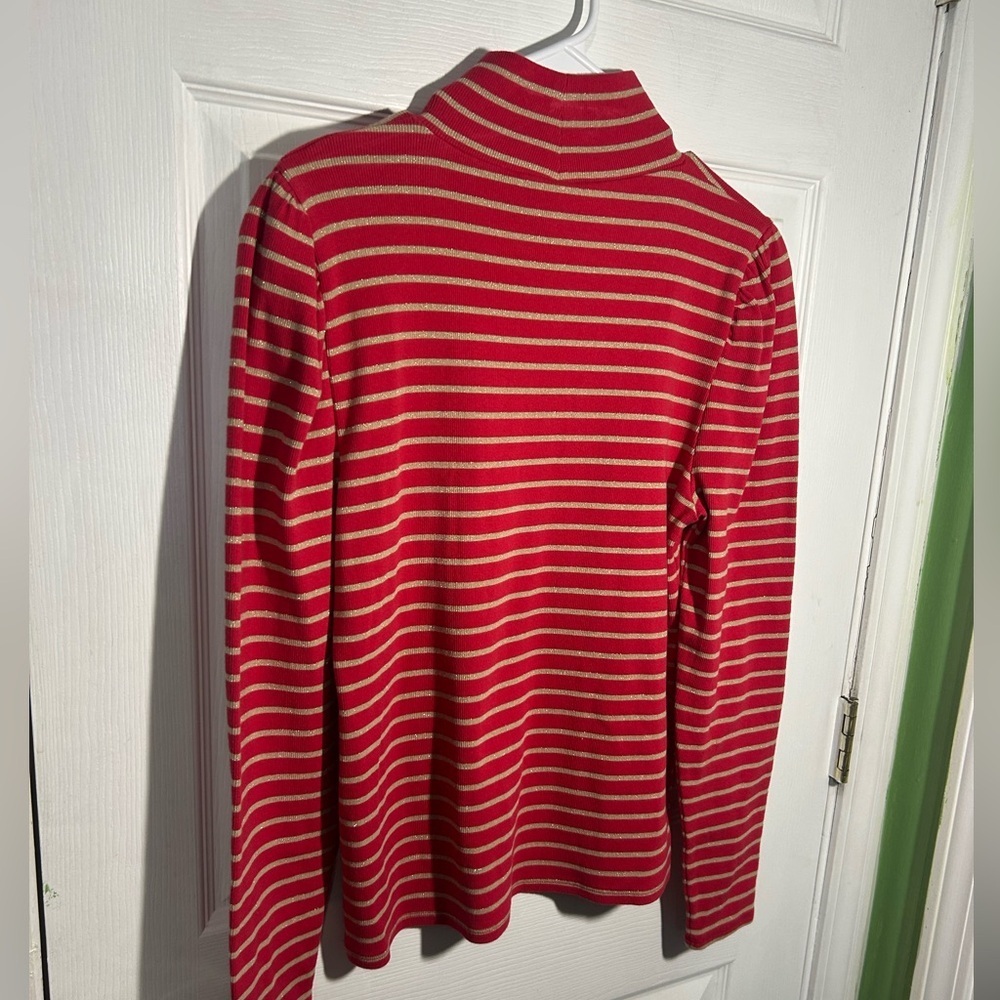 J. Crew Puff-sleeve sparkle stripe turtleneck red gold size XL - Picture 11 of 13
